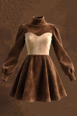 Stylish Suede Color-blocked Turtleneck Long-sleeved Mini Dress
