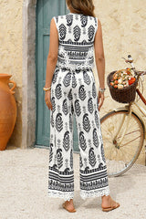 Bohemian Style Unique Print V-neck Sleeveless Top and Elastic Waist Casual Pocket Wide-leg Pants Set