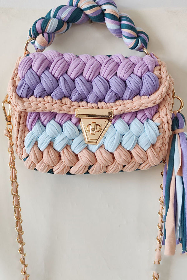 Contrast Color Stitching Braided Chain Tassel Bag
