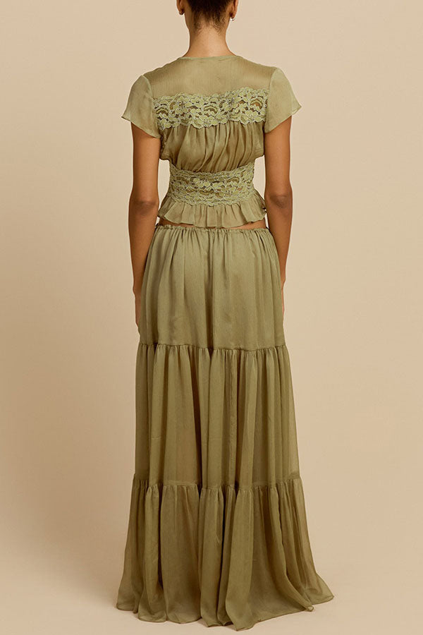 Sabrina Chiffon Lace Trim Button Up Short Sleeve Ruffle Plung Blouse