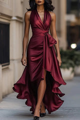 Solid Color Elegant V-neck Waist Irregular Ruffle Maxi Dress