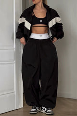 Fashionable Contrasting Long-sleeved Loose Coat and Elastic Waist Wide-leg Pants Set