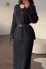 Solid Color Long-sleeved V-neck Casual Knitted Sweater and Elegant Maxi Skirt Set
