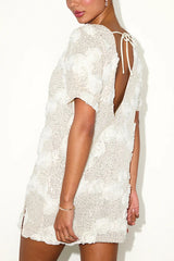 Feeling Exquisite Sequin-embellished Rose Texture Short Sleeve H-line Mini Dress