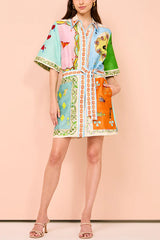 Linen Blend Unique Printed Short Sleeved Pocket Tie Waist Mini Dress(One Size UP)