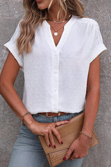 Solid Color Jacquard V-Neck Button Casual Shirt