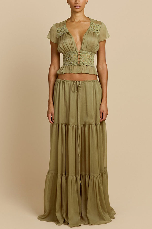 Sabrina Chiffon Lace Trim Button Up Short Sleeve Ruffle Plung Blouse