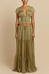 Sabrina Chiffon Mid Rise Adjustable Wst Tiered Silhouette Maxi Skirt