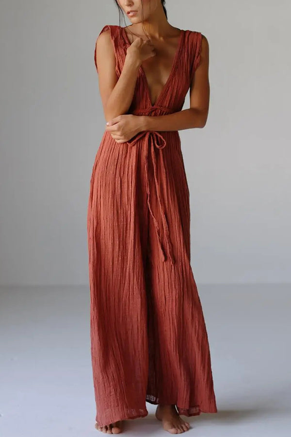 Resort Style V-neck Tie Pleated Casual Jumpsuit
