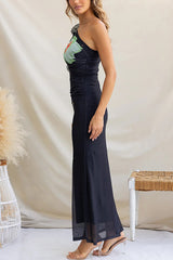 Floral Print One-shoulder Fitted Mesh Maxi Dress