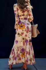 Floral Print Elegant Long Sleeve Fitted Ruffle Maxi Dress