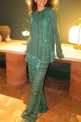 Relaxing Time Knit Zigzag Pattern Tassel Trim Slit Top and Wide Leg Pants Set