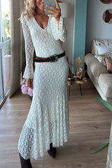 Aster Embroidered Lace Chiffon V-neck Long Bell Sleeve Stretch Flare Maxi Dress