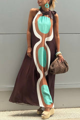 Unique Print Sleeveless Halter Neck Loose Holiday Maxi Dress
