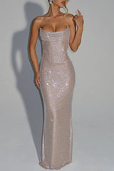 Mirabella Sequin Pleated Cowl Scooped Neckline Back Lace-up Strapless Maxi Dress