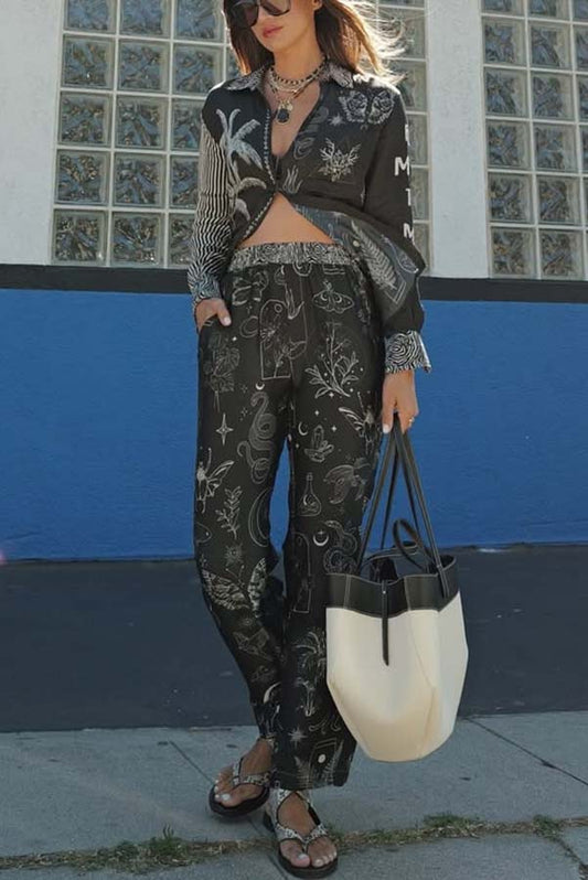 Black Magic Satin Unique Print Long Sleeve Blouse and Elastic Waist Pocket Wide Leg Pants Set