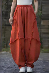 Retro Elastic Waist Stitching Raw Edge Loose Pocket Harem Pants
