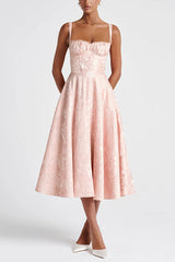 Palace Style Jacquard Fabric Backless Tie Slim Midi Dress