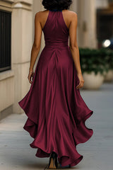 Solid Color Satin V-neck Sleeveless Elegant Ruffle Maxi Dress