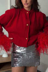 Solid Color Elegant Feather Long Sleeve Casual Knitted Cardigan