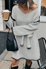 Stylish Loose-fitting Long-sleeved Tie-waist Knit Mini Dress