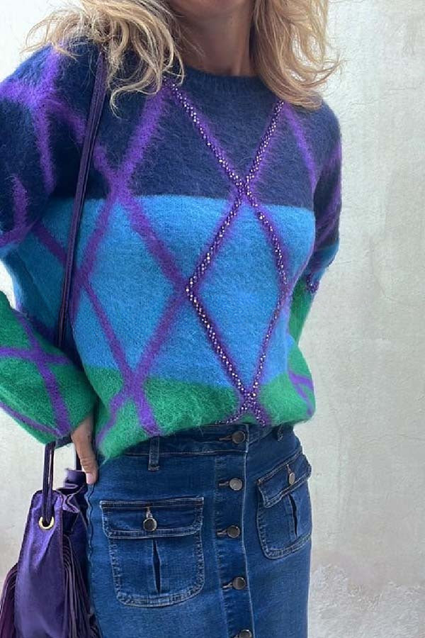 Aprill Color Block Sequined Crew Neck Sweater