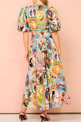 Exquisite Unique Printed V Neck Puff Sleeve Maxi Dress