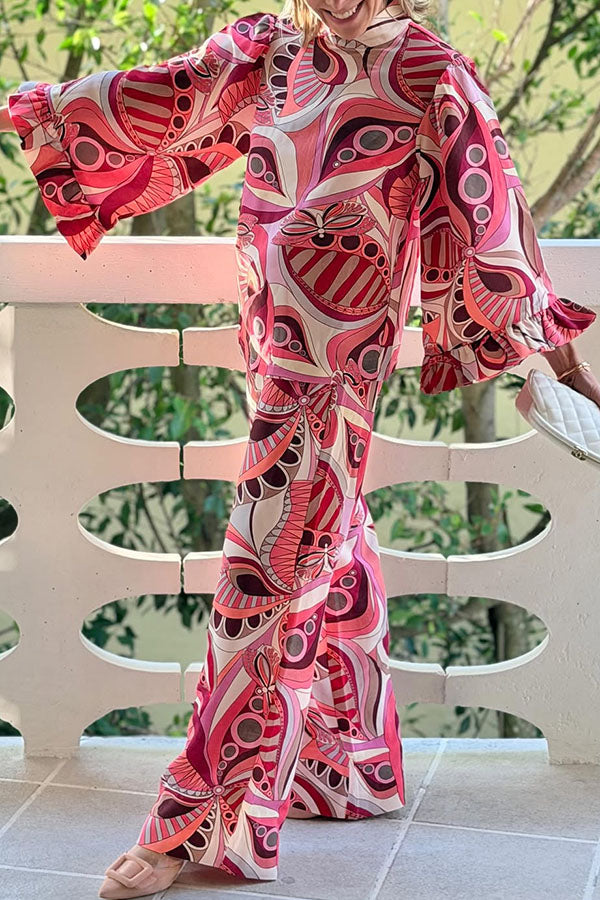 Sarah Unique Print High Neck Ruffle Bell Sleeve Top and Elastic Waist Pocket Loose Pants Set