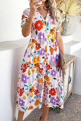 Bohemian Resort Style Print Casual Short Sleeve Button Midi Dress