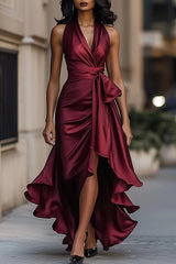 Solid Color Satin V-neck Sleeveless Elegant Ruffle Maxi Dress