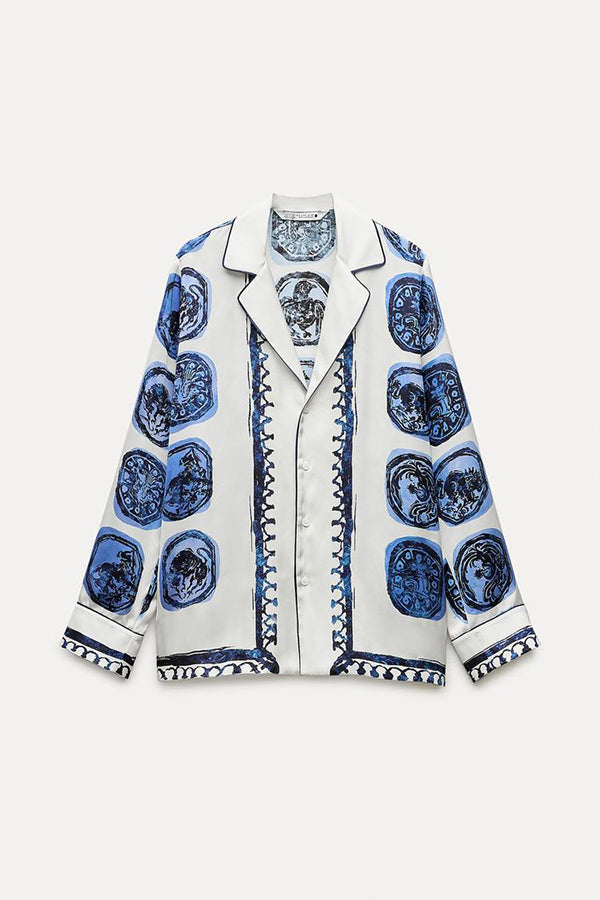 Unique Print Lapel Long Sleeve Shirt and Elastic Waist Wide Leg Pants Set