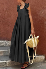Solid Color Casual Round Neck Ruffled Holiday Loose Maxi Dress
