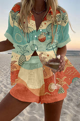 Colorful Beach Print Loose Button Elastic Waist Shorts Set