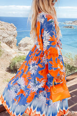 Unique Print V-Neck Long Sleeve Full Hem Holiday Maxi Dress