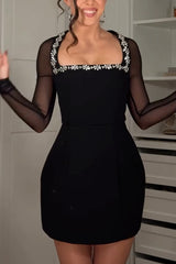 Emmey Jewel Embellished Trim Square-Neck Mesh Long Sleeve Mini Dress