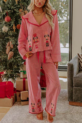 Nutcracker Charm Embroidered Gingham Loose Shirt and Elastic Waist Pajama Set
