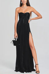 Metallic Sexy Tube Top Pleated High Slit Maxi Dress