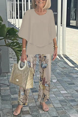 Fashion Round Neck Half Sleeve Loose Top and Elastic Waist Casual Straight Pants Set