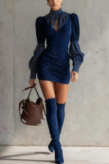 Stylish Suede Patchwork Slim-fit Long-sleeved Mini Dress