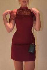 Night on The Town Lace High Neck Cape Back Lace-up Slip Mini Dress