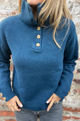 Solid Color High Collar Button Loose Long Sleeve Knitted Sweater