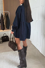 Fashion Heart Button Long Sleeve Casual Pocket Denim Mini Dress
