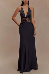 Seductive Details Satin Lace Waist Halter Tie-up Backless Maxi Dress
