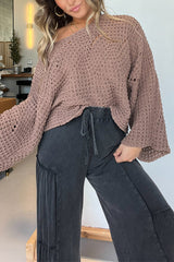 Solid Color Hollow Loose Round Neck Bat Sleeve Knitted Sweater