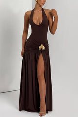 Solid Color Halter Neck Backless Slim Fit Pleated Slit Maxi Dress