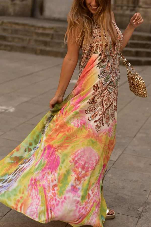 Bohemian Style Unique Print Sleeveless Backless Loose Maxi Dress