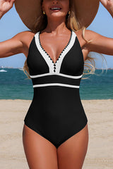 Stylish Color-blocked V-neck Stretch One-piece Swimsuit