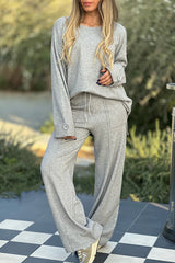 Solid Color Long-sleeved Crew Neck Top and Elastic Waist Pocket Casual Pants Set