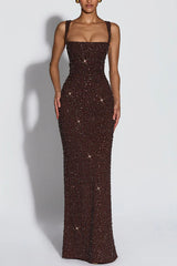 Calanthe Sequin Embellished Chiffon Ruched Square Neck Back Lace-up Maxi Dress