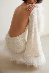 Stylish Sequined Feather Long-sleeved Sexy Backless Mini Dress